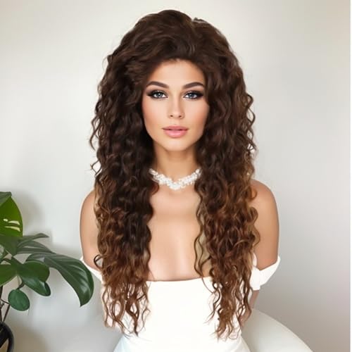 Image of GNIMEGIL Natural Brown Wigs Long Curly Wavy Wig for Women Loose Wave Layered Hair Heat Resistant Synthetic Wig Halloween Wigs for Daily Carnival Party