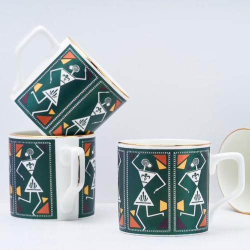Image of GOLDEN QUEEN'S Handcrafted Tea Cups - Set of 6 | Ideal for Everyday Tea and Coffee, Enhancing Your Daily Rituals (Tribal Rhythm in Green)