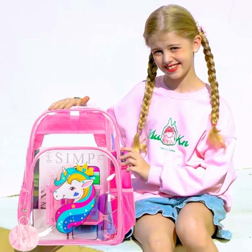 Image of AGSDON 3PCS Clear Backpack for Girls, Kids Unicorn Transparent Bookbag Heavy Duty, Cute See Through Backpacks with Lunch Bag - Pink