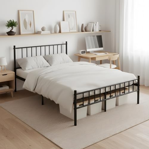ZECIIYE - Marco de cama de 120 x 190 cm con somier de metal, cama de metal negro con cabeza y pie para habitaciones infantiles, habitaciones de adolescentes y dormitorios, espacio de almacenamiento en