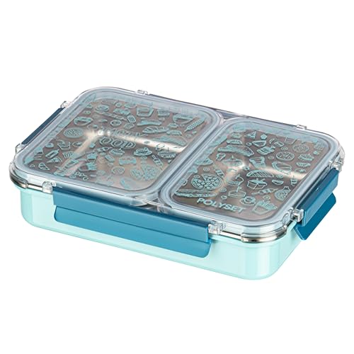 Image of Polyset Munch Mate 800 2 PARTITION - Blue Compartment Stainless Steel Lunch Box, Leakage Proof Lunch Box for School Kids and Adults Pack of 1 800ml