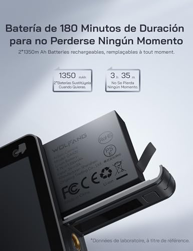 WOLFANG GA420 Cámara Deportiva Doble Pantalla 4K 60FPS 24MP, 10M Cuerpo/40M Impermeable, WiFi Webcam Videocámara Subacuática, Micrófono Dual, Control Remoto, EIS, 2x1350mAh Baterías,Accesorios - imagen 7