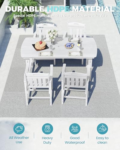 Image of Ciokea HDPE Outdoor Dining Set, 5-Piece Patio Table and Chairs Set with Umbrella Hole, All-Weather Patio Dining Sets for 4, Durable Patio Furniture for Backyard, Garden, Lawn & Poolside, White