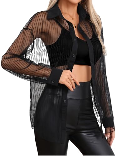 Milumia Women Striped Mesh Sheer Button Up Shirt Long Sleeve Drop Shoulder Blouse Top3