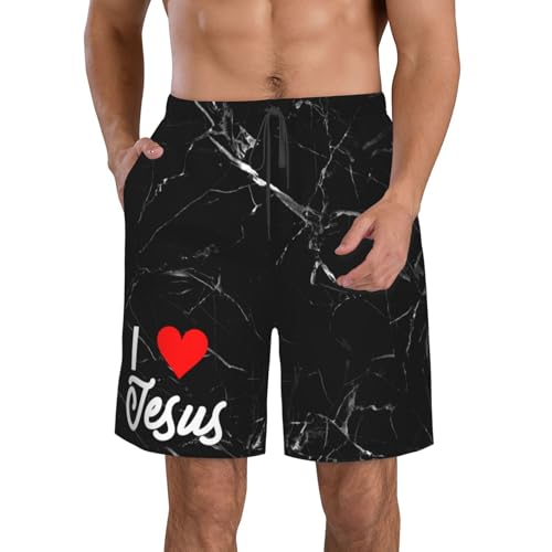 Jesus - I Love Jesus Mens Swim Trunks Board Shorts Quick Dry Swim Shorts Summer Swimsuit Beach Shorts with Pockets
