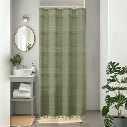 OVZME Sage Green Boho Stall Shower Curtain Narrow Soft Fabric Striped Linen Textured Bathroom Shower Curtain with Tassel Modern Farmhouse Machine Washable Bath Decor 36Wx72L Inches
