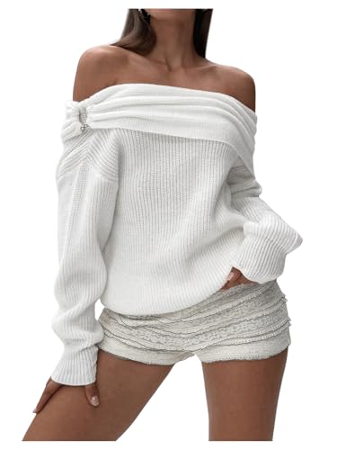 Image of GORGLITTER Women's Off The Shoulder Sweater Lantern Sleeve Ribbed Knit Trendy Pullover Tops White Small
