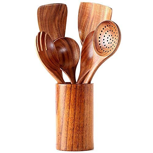 Happie Shopping Natural Handmade Wooden Spoon Set for Cooking, Serving & Kitchen Utensils & Also Wooden Sheesham Barrel Shaped Jar Utensil Holder for Kitchen | Set of 6 Spoons