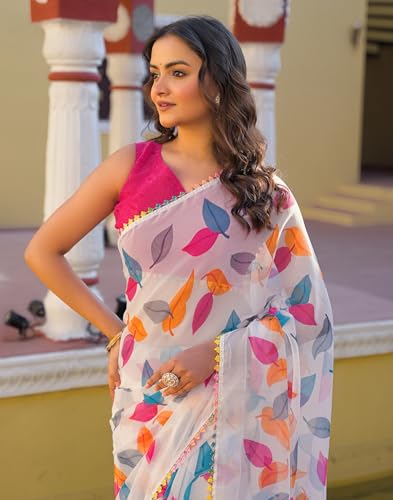 Image of SIRIL Women's Chiffon Printed Saree with Unstitched Blouse Piece