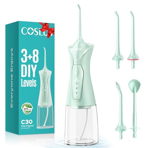COSLUS Irrigador Dental: 4 modos Water Flosser con depósito de agua de 300 ml duración de la batería de 30 días irrigador dental portátil fácil de usar limpieza dental adecuado para cuidado dental