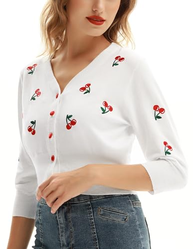 Image of Belle Poque Women's 3 /4 Sleeve V-Neck Button Down Cherries Embroidery Cropped Cardigan Sweater Coat