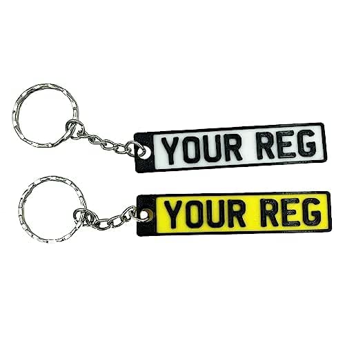 GPG Set of 2 Personalised Number Plate Keyrings White and Yellow 3D