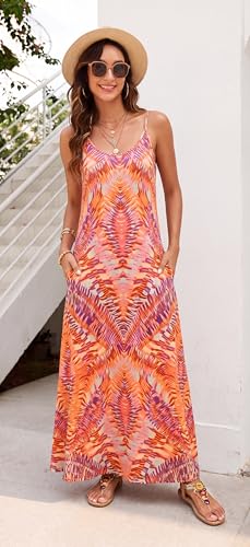 Image of Supnier Women's Summer Maxi Dress Casual V-Neck Sleeveless Bohemian Spaghetti Strap Floral Long Maxi Dress with Pockets
