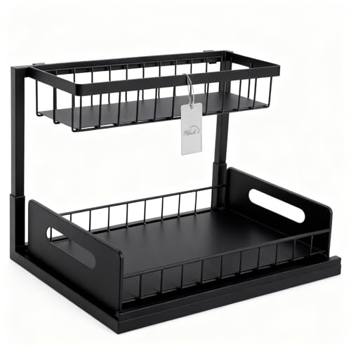Ribech Organizador de Cocina Bajo Fregadero, Estante Extraíble con 2 Niveles en L, Metal Resistente, Fácil Montaje, Negro - Maximiza Espacio de Almacenamiento