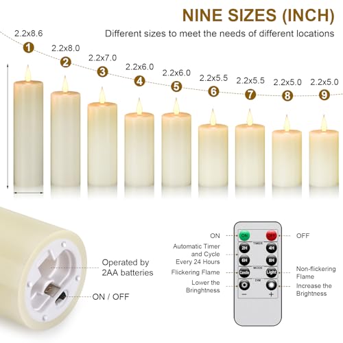 Image of Flameless Battery Operated LED Candles 3D Wick 24-Hour Remote Control Timer | with10 Key Button Remote Control Set of 9 Electric Flickering Pillar Real Wax ApplyTo Party, Wedding,Dinner Home Decoration