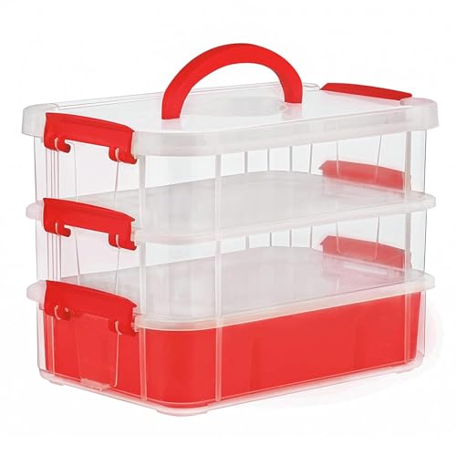 Image of plastic boxes for Storage transparent boxes for storage, Portable & Stackable Space Saving Organiser with Lid for Medicine, Jewelry, Arts & Crafts, Buttons, Beads (Red, 3 TIER WITH 1 TRAY)