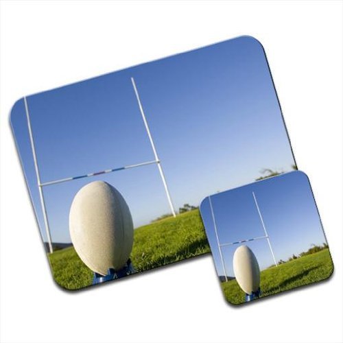 Rugby Ball on tee in front of Goal Premium