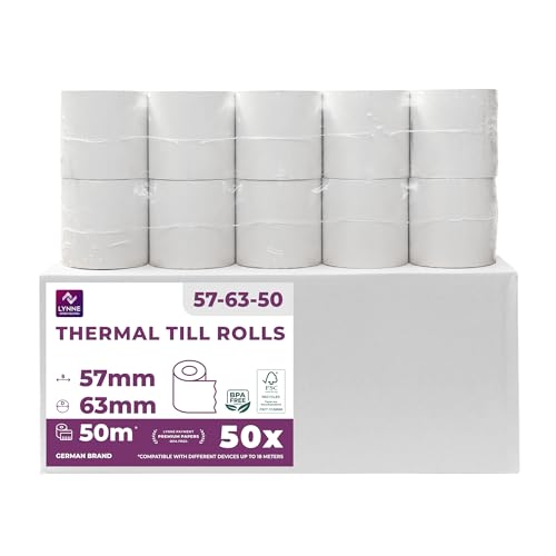 Papel térmico 57mm x 50m x 12mm   ideal para todas las cajas registradoras y TPV   Rollos para impresora térmica   (57x55x12) Blanco  Sin BPA (50 Rollos)