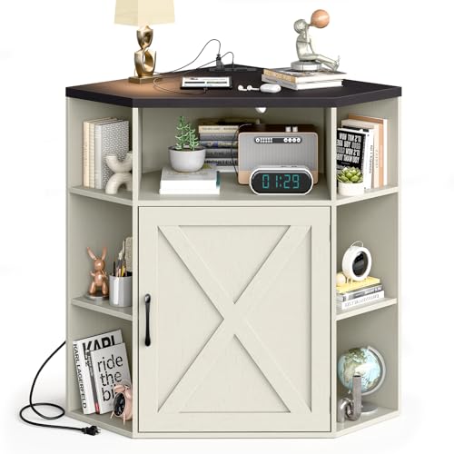Image of Halitaa Corner Storage Cabinet, Farmhouse Corner Bookshelf with Storage 6-Cubby Wooden Cabinet with USB Ports and Outlets Industrial Organizer for Small Space, Study, Playroom, Rustic White and Black