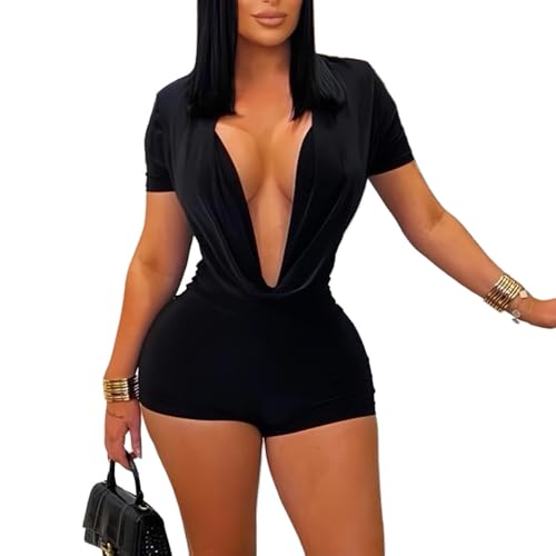 Image of Molilove Sexy Romper for Women Short Sleeve Deep V Neck Bodycon Short Jumpsuit One Piece Y2K Party Clubwear