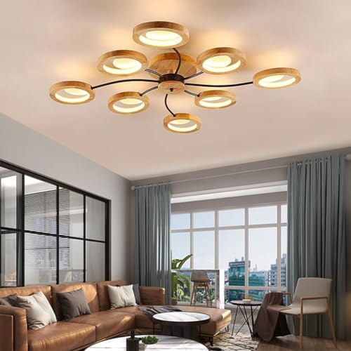 Plafonnier LED en bois à intensité variable avec télécommande pour salon et bureau à 8 têtes