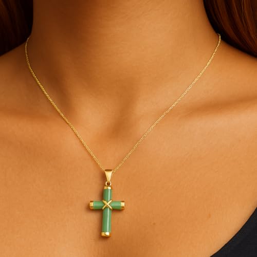 Belacqua Natural Green Jade Cross Pendant Necklace in 14K Yellow Gold or Sterling Silver, With Chain or Without Chain, Fashion Jewelry for Women, Gift Box Included2