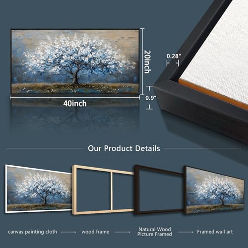 KELIYUAN Large Canvas Wall Art For Living Room Abstract Tree Wall Decor For Bedroom Wall Painting Blue Tree Picture Black Framed Office Dining Room Decor Artwork Hotel Room Mural Home Decor 20"X40"