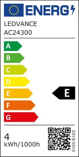 Energy efficiency label for LEDVANCE AC24300, showing an energy class of E and 4 kWh/1000h consumption.