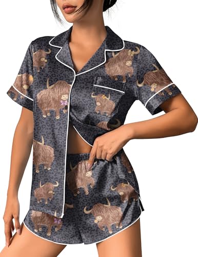 Image of Ekouaer Womens Silk Satin Pajama Set Print Short Sleeve Sleepwear Button Down Pjs Shorts Set Loungewear
