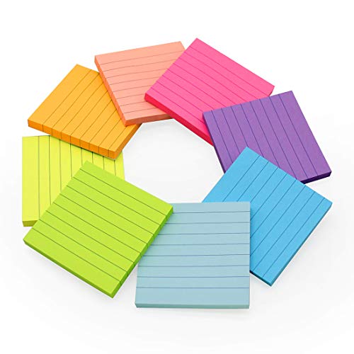 (8 Pack) Lined Sticky Notes 3X3 In Bright Ruled Post Stickies Colorful Super Sticking Power Memo Pads Strong Adhesive, 82 Sheets/Pad #TOP3