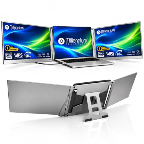 Millennium TECHNOLOGY 15.6" Tri-Screen Portable Foldable Dual Monitor with Single Wire | Triple Monitor Compatible with Windows & MAC OS | Laptop Screen Extender (15.6, Inches Metal)