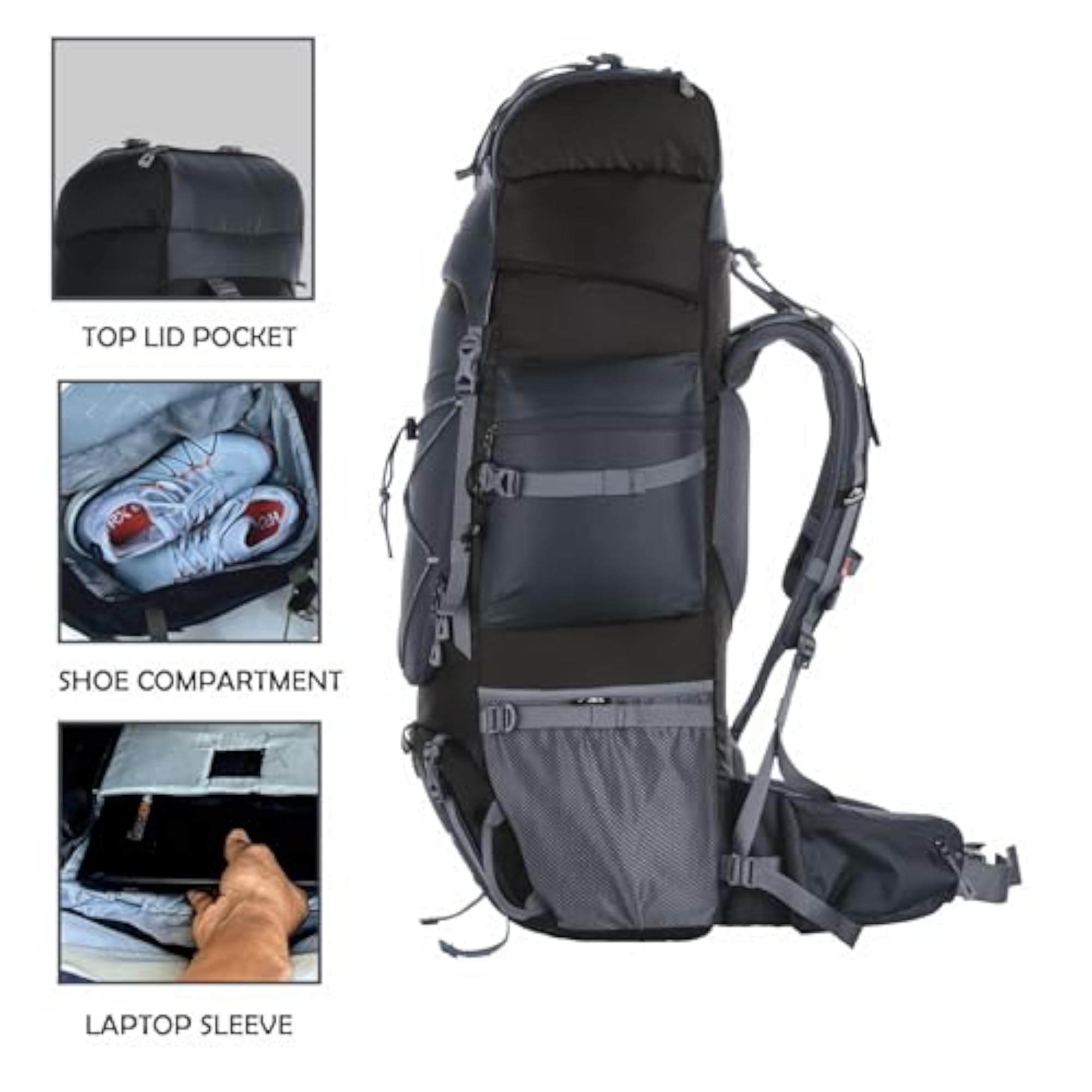 PeakPro 75L Hiking Rucksack, Water-Resistant Camping Backpack