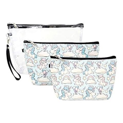 EGFAS Large Travel Cosmetic Pouch Bag 3 Piece Set Portable Clear Organizer (Unicorn Cloud Turquoise) Cover