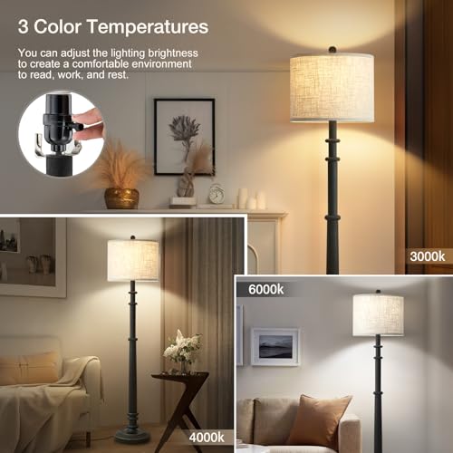 Image of EJIAXIN Floor Lamps for Living Room - 60 inch Farmhouse Floor Lamp with Adjustable Color Temperatures - Vintage Standing Lamp Reading Light with Linen Shade Retro Tall Lamp for Bedroom Office, Black