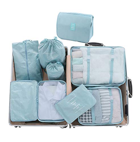 Belsmi Reise Kleidertaschen Set 9 teilig Reisetasche in Koffer Reisegepäck Organizer Kompression Taschen Kofferorganizer Mit Schuhbeutel Hängender Kulturbeutel (Beige) (Blau) Cover