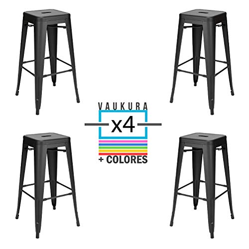 Vaukura Taburete Alto Tolix Pack 4 - Taburete Industrial Metálico Mate (Negro)