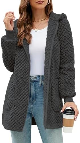 ABINGOO Damen Winter Teddy Fleecejacke Lang Mantel Kuschel Übergangsjacke | Flauschig Plüschjacke Warme Winterjacke Reißverschluss Hoodie Kuscheljacke Wintermantel mit Kapuze und T