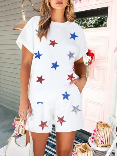 Image of VILOVE 4th of July 2 Piece Sequin Outfits Women 250 Anniversary Usa Shirts and Short Sets Casual Patriotic Shirt Summer Set