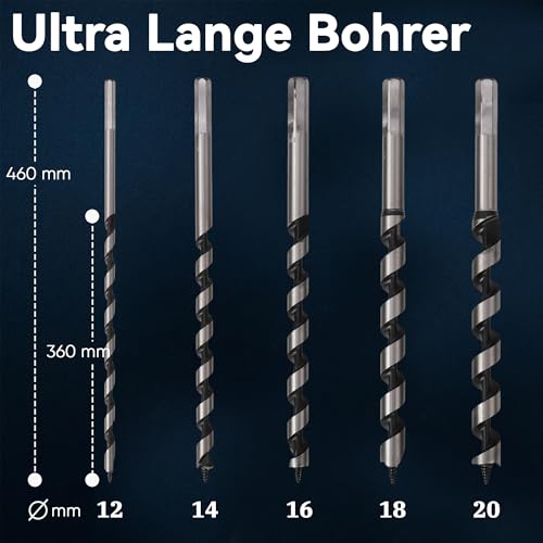 Goumthe Schlangenbohrer Set 5-tlg Lang Holzbohrer Set 460 mm Extra Lang Ø12-20 mm Präzise Bohrung für tiefe Bohrungen Weich & Hartholz with Holzkoffer