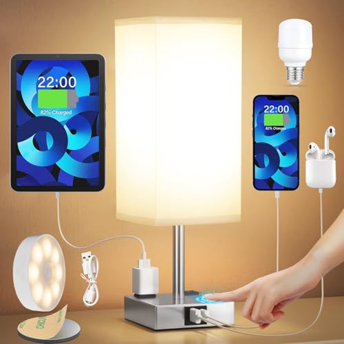 Consejos para Comprar Lamparas de mesa los 5 mejores. 43 HALLMY Lampara de Buro Recamaras con Bombillas y Lámpara Nocturna, Lámparas de Mesa Control Táctil con 2 Puertos USB (a + c) y 2 Salidas de CA