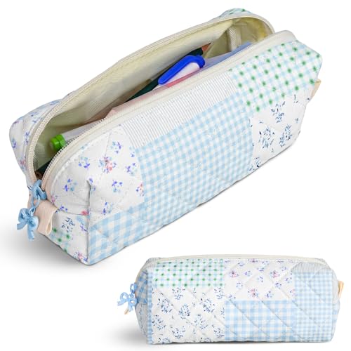shiprabags Cute Quilted Pencil Case for Women, Aesthetic Small Floral Pencil Pouch, Slim Soft Pencil Bag for Stationery Supplies & Daily Use（Green Blue Patchwork）