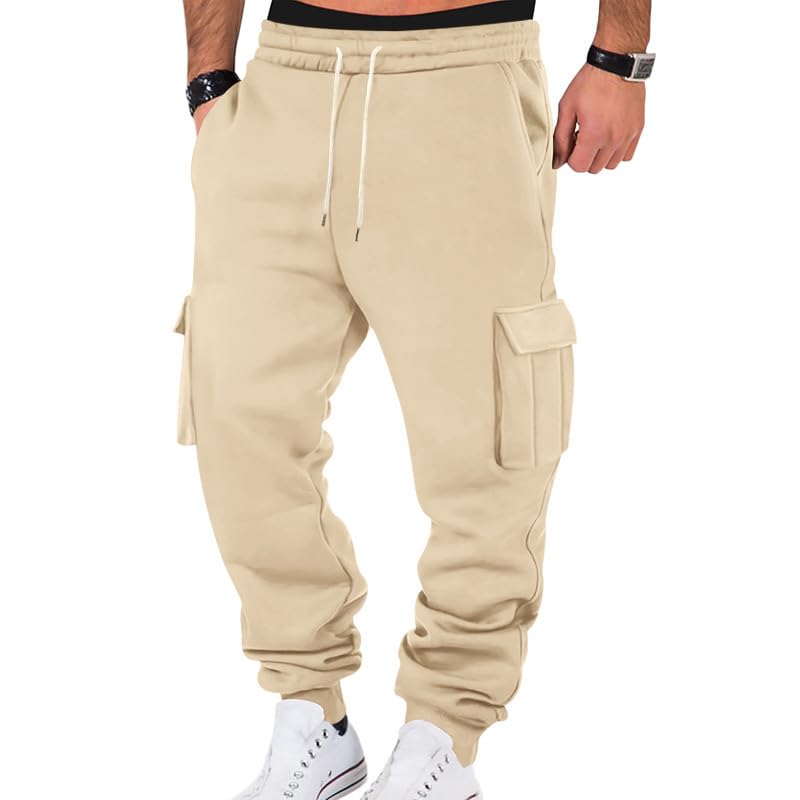 Men Fleece Active Pants Multi-Pocket Drawstring Tapered Sweatpants Autumn/Winter Casual Workwear Pants