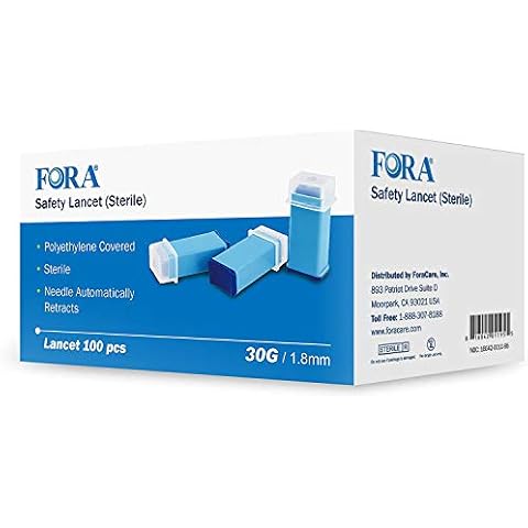 FORA Sterile Safety Lancet, 1.8mm Depth, 30 Gauge, 100 Count, Diabetic Supplies for Blood Glucose Testing. No Lancing Device Needed Cover