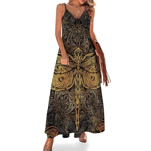 Robe longue femme été fluide et légère imprimé libellule rouge tendance