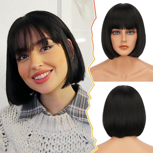 BARSDAR Noir Courte Bob Perruque avec Franges, Courte Noir Bob Perruque avec Franges pour Femmes 30cm Chic Longueur D'aspect Naturel Synthétiques Perruques...
