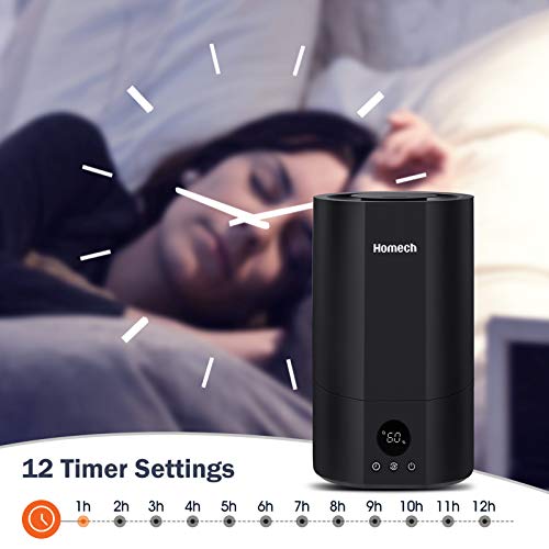 Homech Top Fill Humidifiers,4L Smart Air Humidifier with 3 Cool Mist Level Adjustable,AI Mode,12H Timer,Sleep Mode,28dB Quiet Ultrasonic Humidifiers for 15-40 Hours Run Time-Black (HM-AH005)