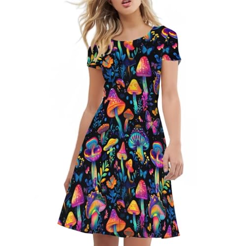 Image of HUGS IDEA Womens Puffy Swing Midi Dress Round Neck Short Sleeve Party A-Line Dresses
