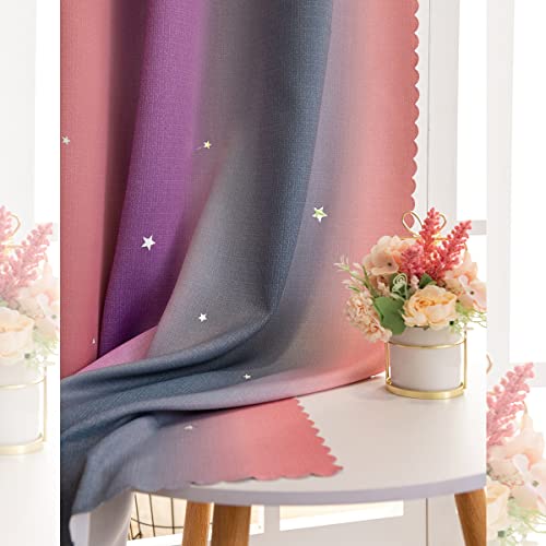 Image of Yancorp Curtains for Girls Bedroom Kids Curtain Hollow-Out Star Window Nursery Curtain 63 inches Length Room Darkening Grommet 2 Layers (Purple Pink Grey, W34 X L63)