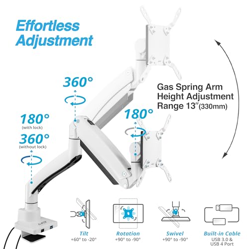 AVLT Single 17"-57" Super Ultrawide Monitor Arm for Screens Up to 59.5 lbs, Premium Aluminum Desk Stand, Adjustable Pneumatic Height, Full Motion Swivel Tilt Rotation, USB-C&A Ports, White by AVLT - Image 3
