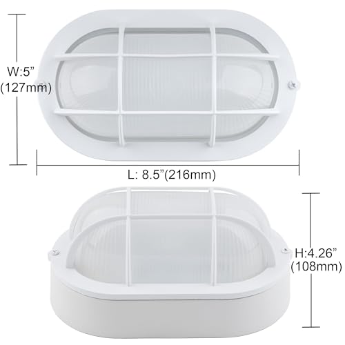 Image of GRUENLICH Outdoor Bulkhead Light, LED Oval Wall Sconce, Rustproof, White | 8.5 inch Dimmable Wall Light for Porch, Garage, Walkway, Nautical, 6W 600 Lumen, Aluminum, Glass, Waterproof, 3000K, 1 Pack